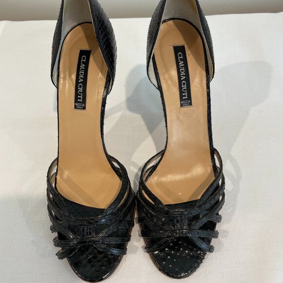 New Claudia Ciuti Black Snakeskin Open Toe Dorsay Pumps - Picture 1 of 5